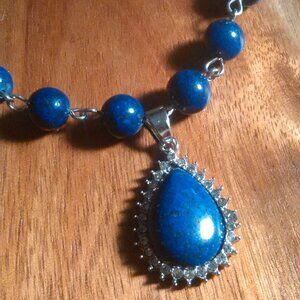 Lapis Lazuli and White Austrian Crystal Silvertone Paperclip Necklace